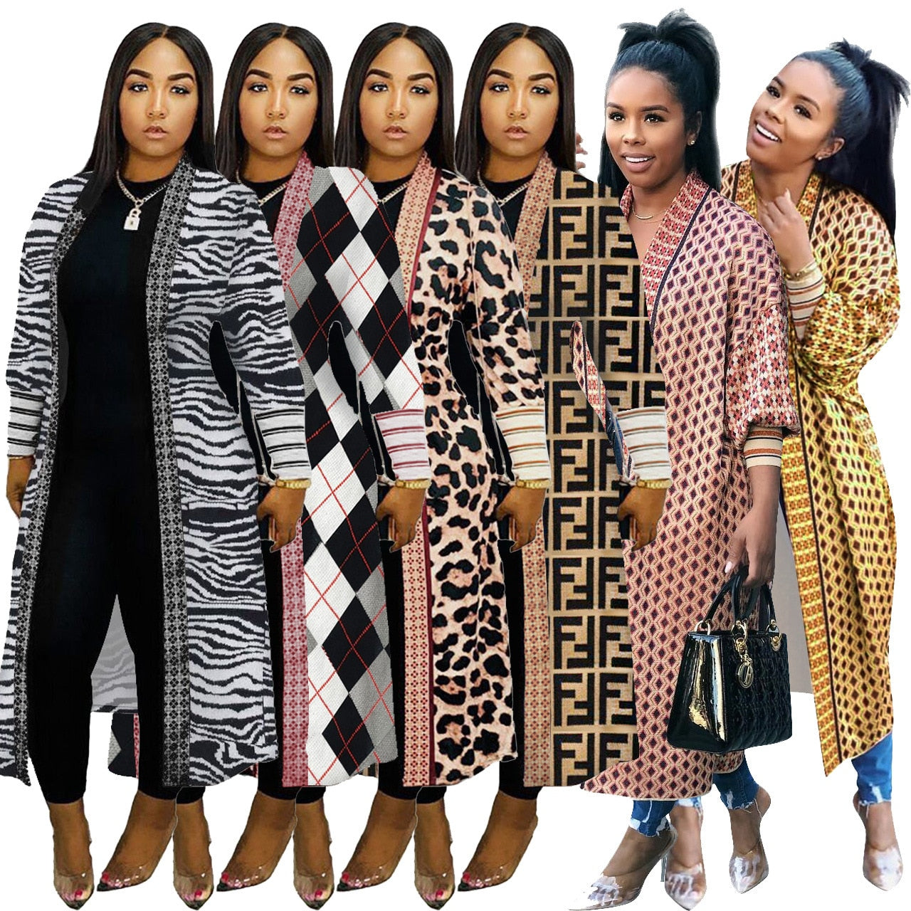 Geometric/Plaid/Leopard Print Ribbed Women's Long Sleeve Maxi Cardigan Sweater