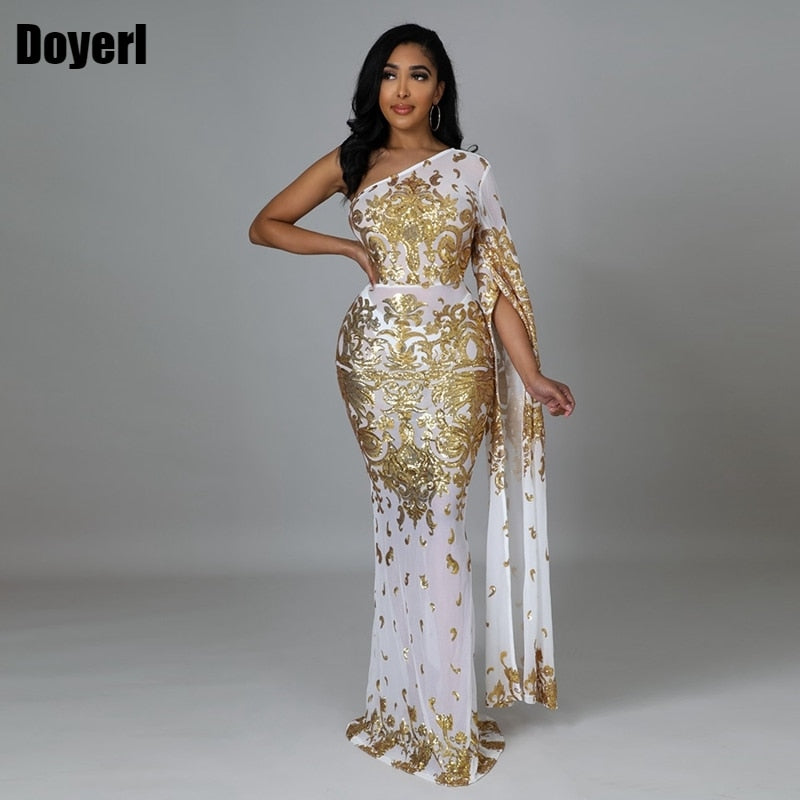 Sparkling Gold Sequin One Shoulder Sheer Mesh Maxi Bodycon Evening Gown