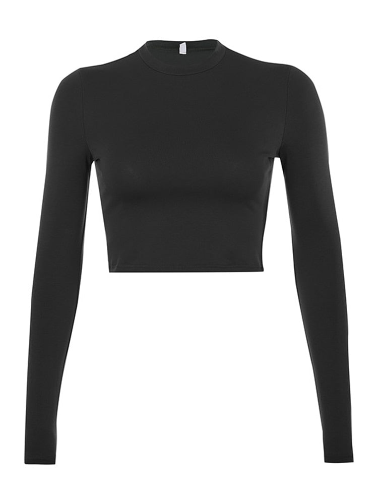 Basic Ladies Solid Long Sleeve Crop Top