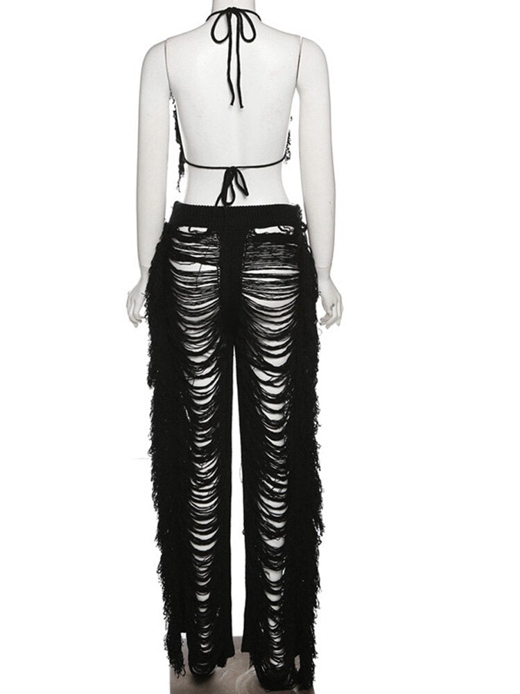 Tassel Cut-Out Fringe Knit Bra & Matching Pants 2-Piece Set