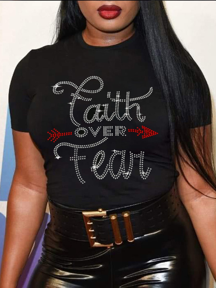 Plus Size Rhinestone Faith Letter O-Neck "Faith Over Fear" T-Shirt