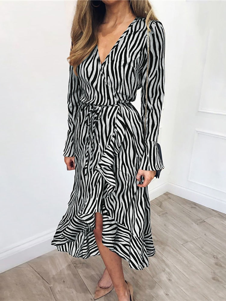 Zebra Print Bohemian Long Sleeve V-Neck Ruffled Party Dress