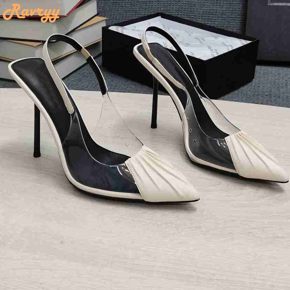 PVC Cover Pointed Toe Patent Leather Pleated Stiletto Heel Back Strap Sandal Pumps