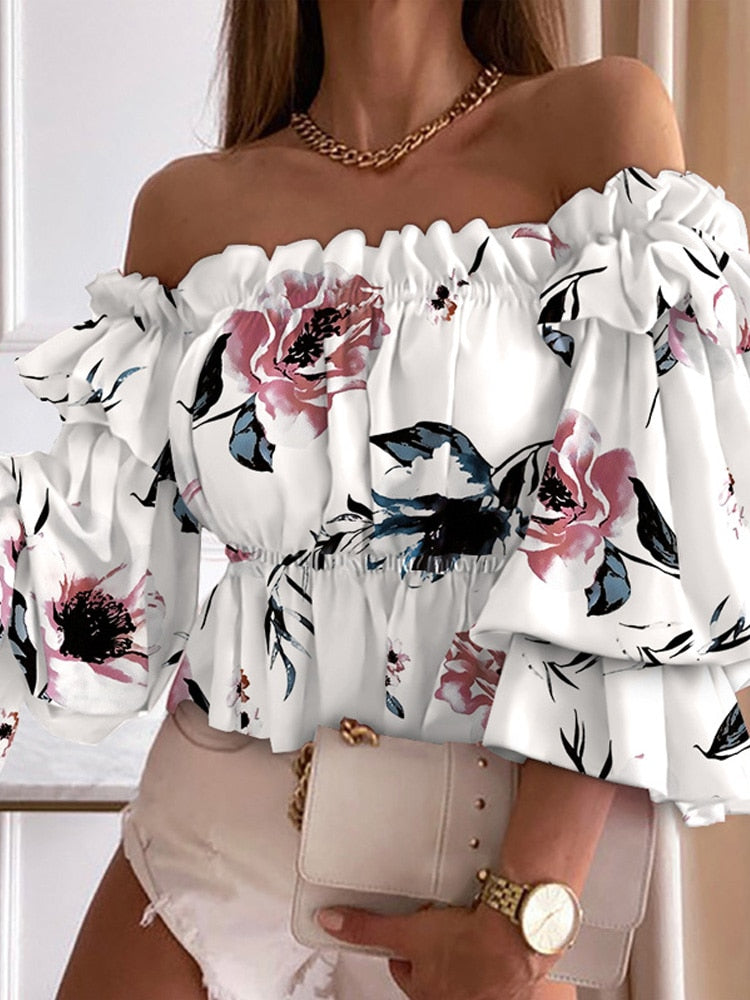 Off Shoulder Ruffled Long Sleeve Blouse