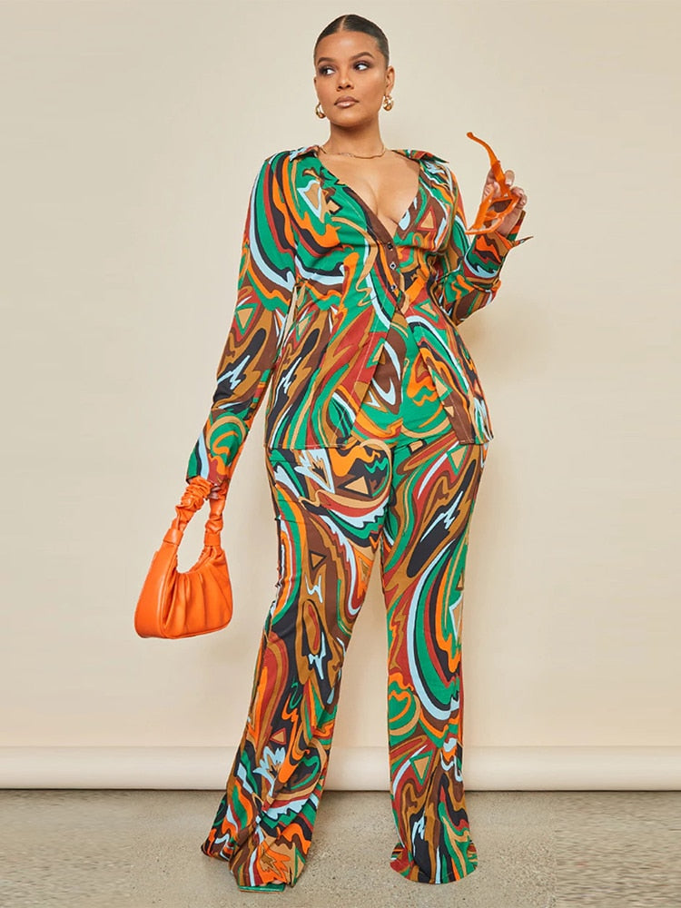 Swirl Design Long Sleeve Shirt + Flare Pant Suit to 5X