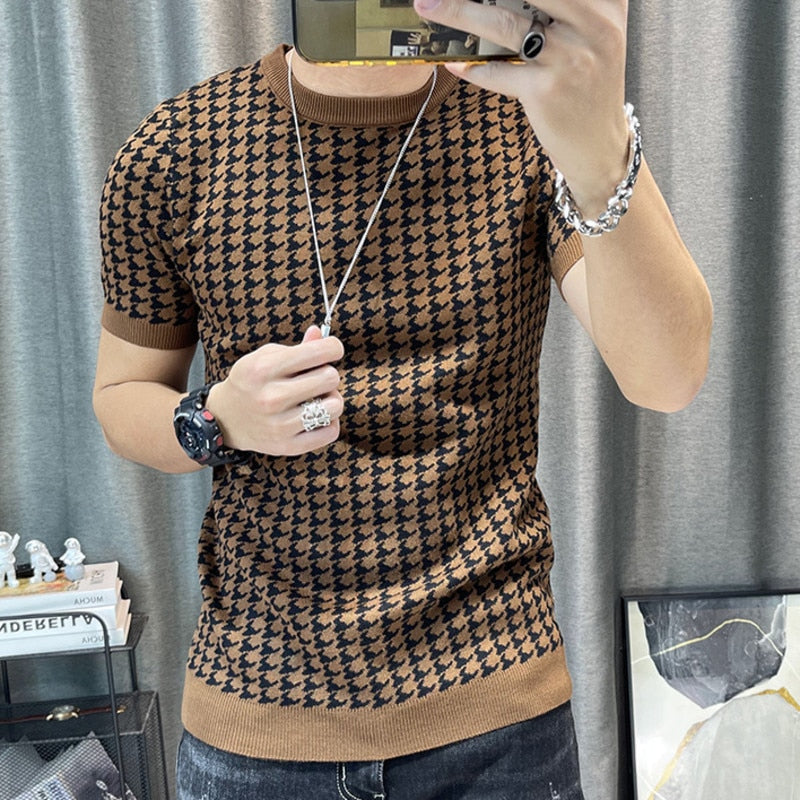 Men's Short Sleeve Knitting Color Contrast T-Shirt