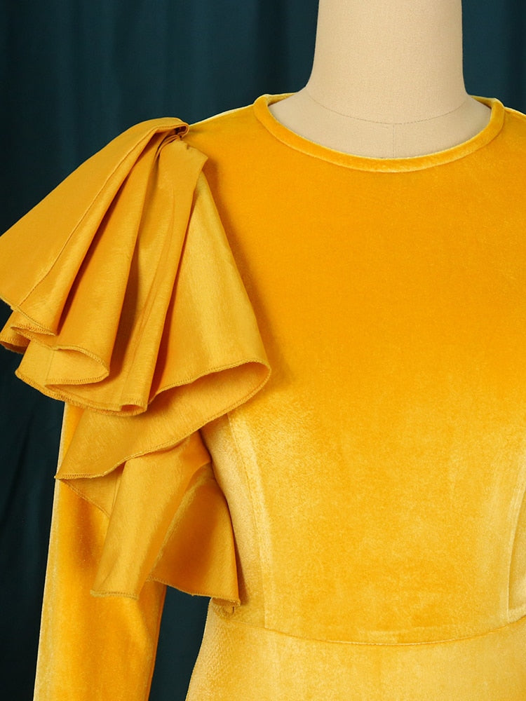 Velvet Yellow Ruffle Oversized Bow Detail Long Sleeve  Plus Size Bodycon Maxi Dress to 3X