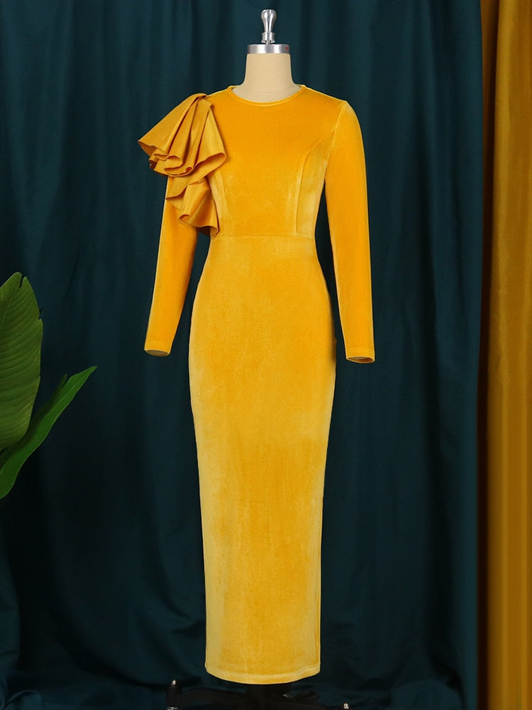 Velvet Yellow Ruffle Oversized Bow Detail Long Sleeve  Plus Size Bodycon Maxi Dress to 3X