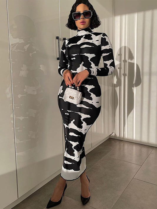 Black/White Long Sleeve Printed Bodycon Pencil Dress