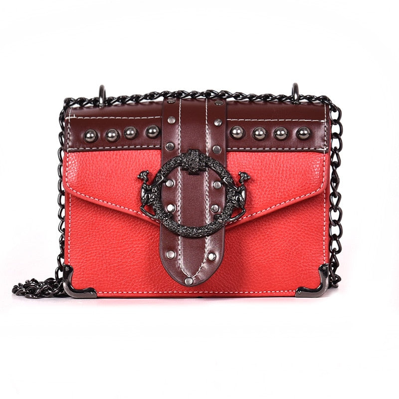 Square PU Leather Rivet Lock Chain Shoulder Messenger Bag