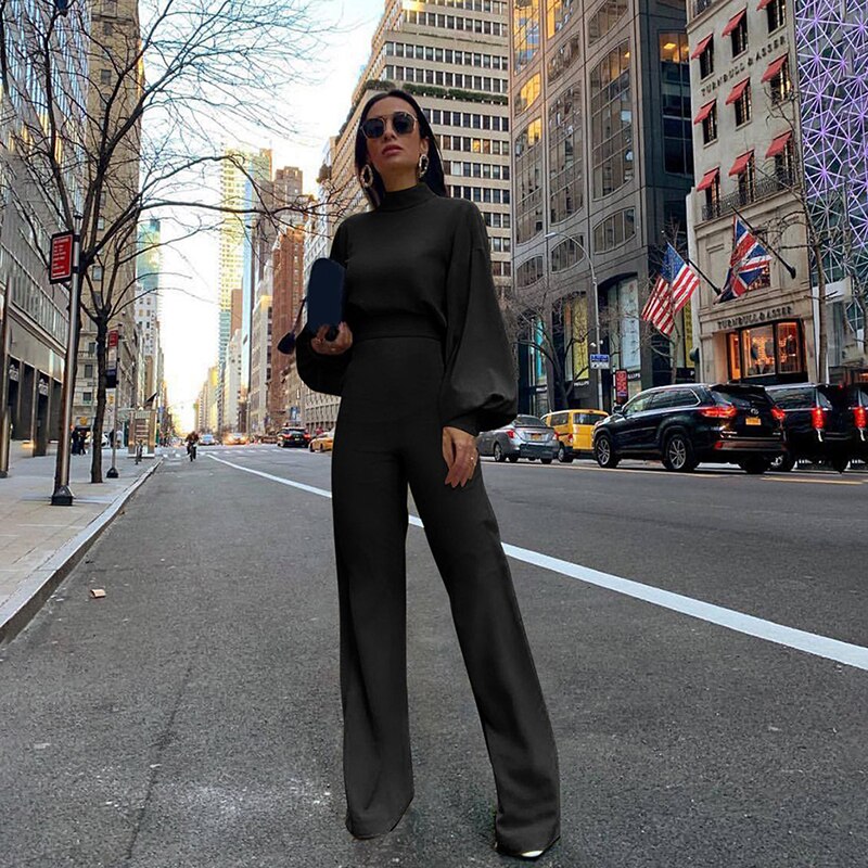 Turtleneck/Asymmetrical Wide Leg Long Sleeve/One Sleeve Jumpsuits