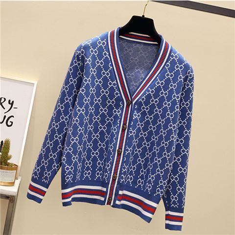 Jacquard Monogram Print Long Sleeve Jacket Button Ladies Sweater