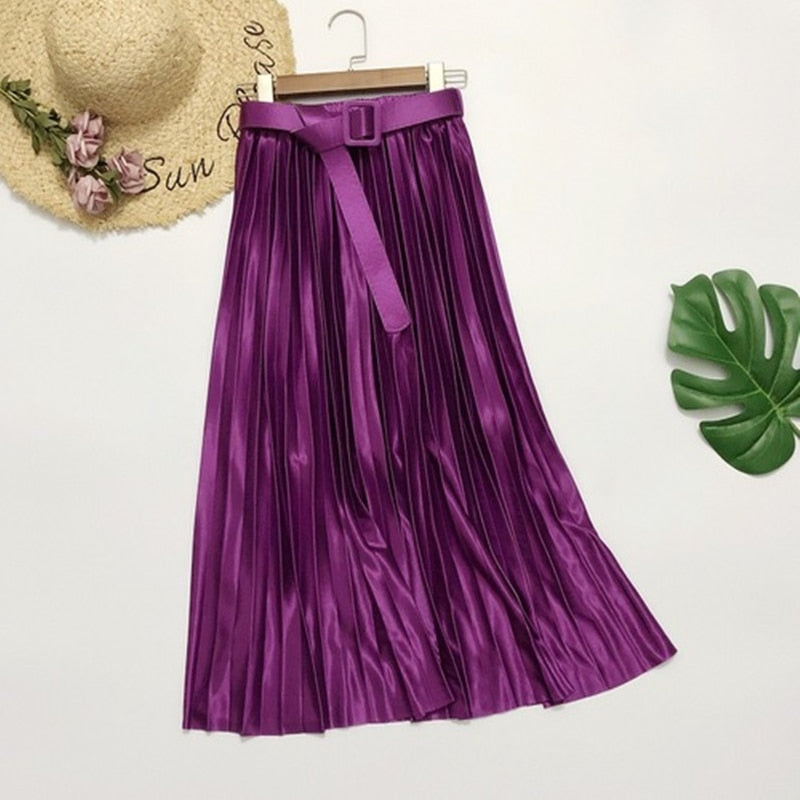 Satin Loose Pleated Solid Color High Waisted Maxi Skirt