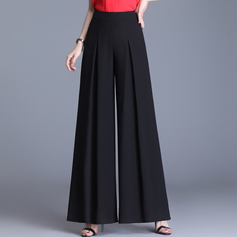 High Waist Chiffon Wide Leg Pleated Pants