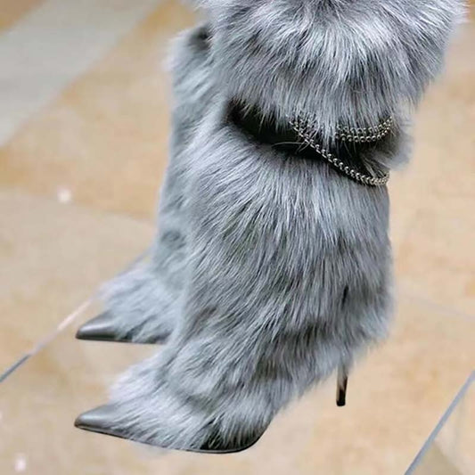 Furry Pointed Toe Metal Chain Knee High Ladies Boots