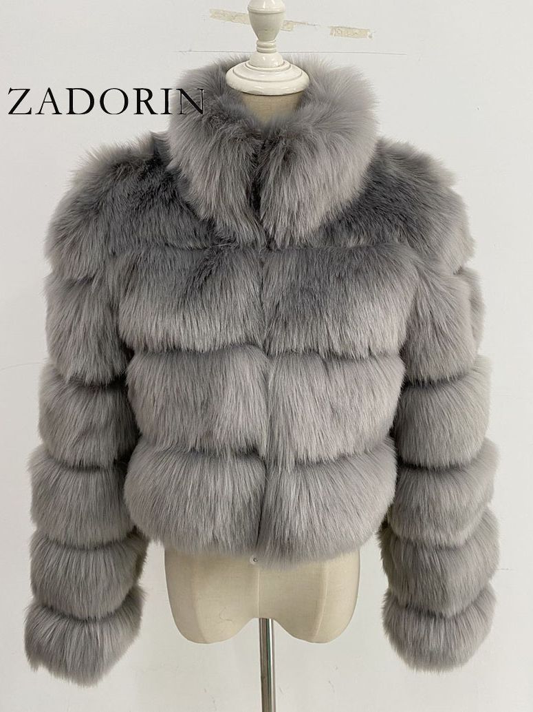 Faux Ladies Cropped Fox Fur Stand Collar Jacket