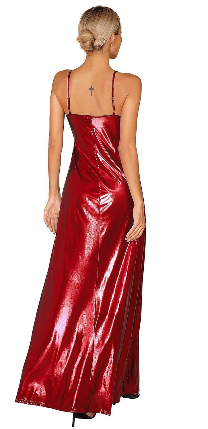 Shiny V-Neck Adjustable Spaghetti Strap Backless Dress