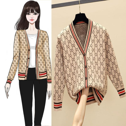 Jacquard Monogram Print Long Sleeve Jacket Button Ladies Sweater