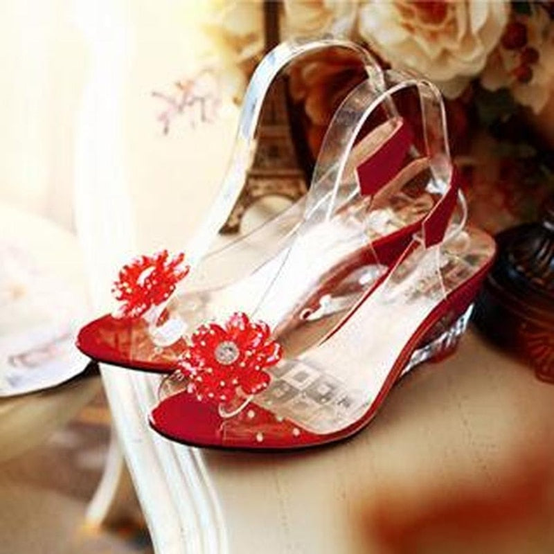 Women's Wedge Flower Print Transparent Open Toe Sandals