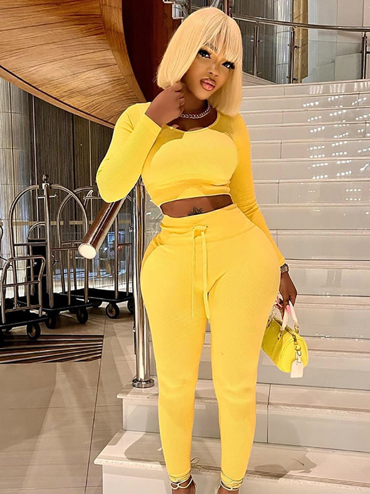 Yellow Long Sleeve Skinny Crop Tops + High Waist Leggings 2-Piece Set