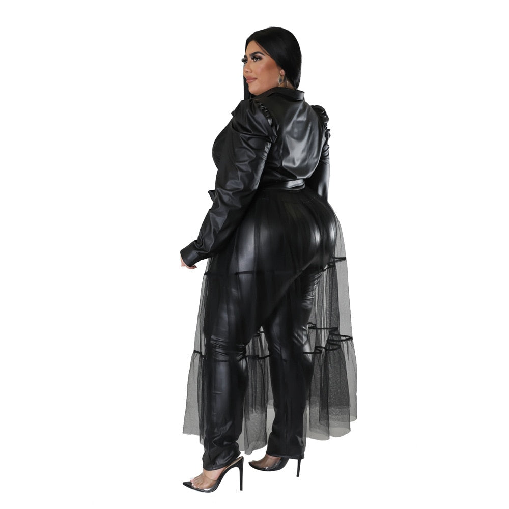 Leather Patchwork Mesh Long Sleeve Maxi Dress Plus to 4X