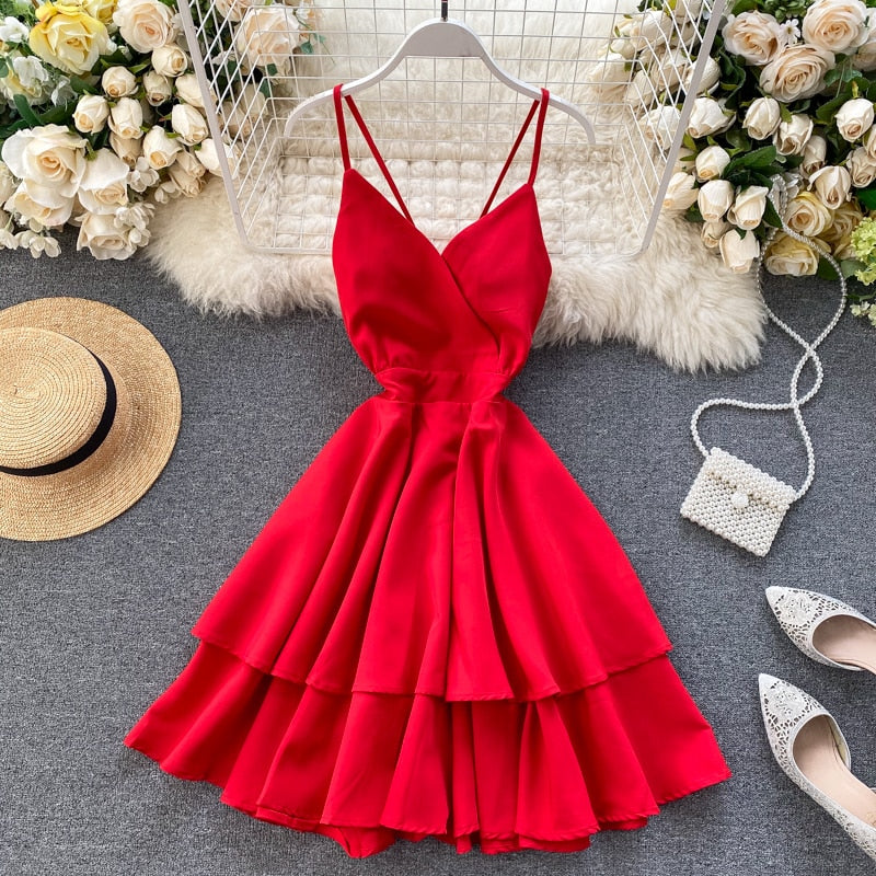 V-Neck Backless Lace Up Ruffles Cakes Solid A-line High Waist Dress