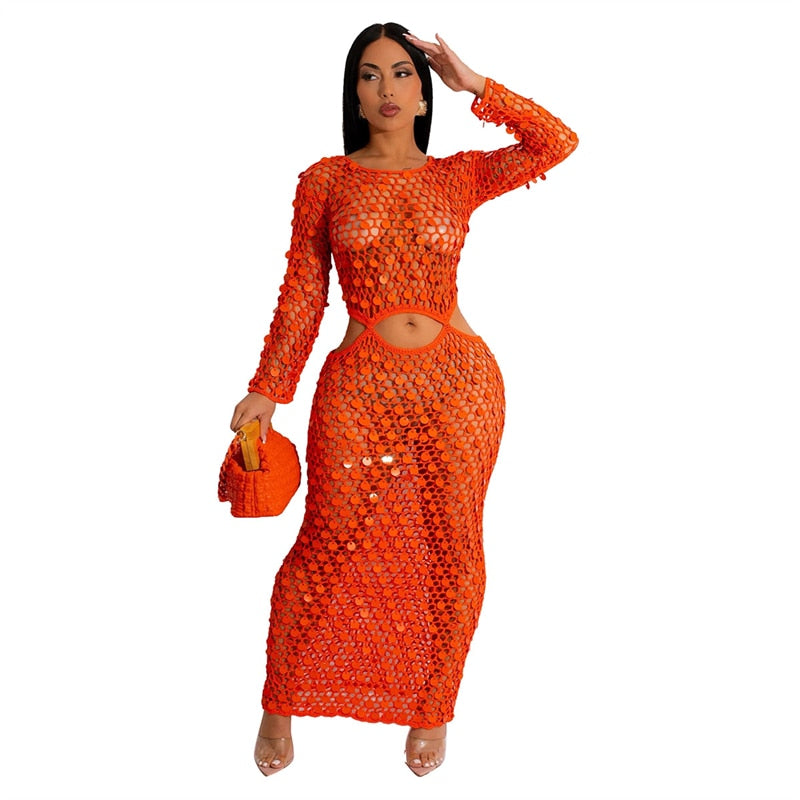 Crochet Sequin Solid Color Hollow-Out Knitted Maxi Dress