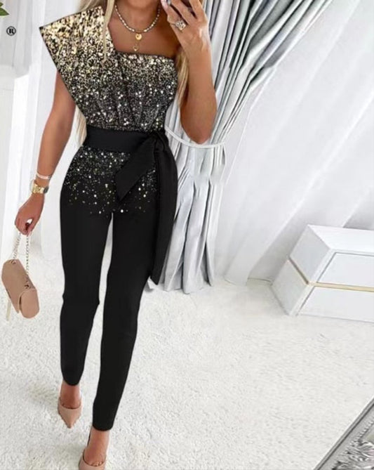 Sequin Patchwork Short Sleeve Slim Bodycon Jumpsuit