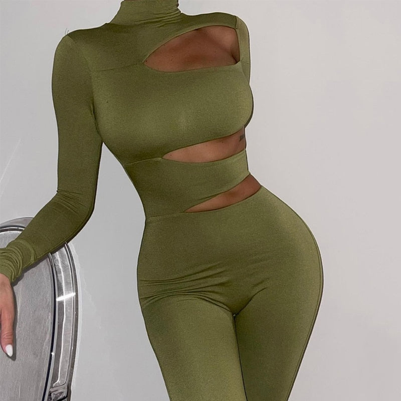 Solid Turtleneck Hollow-Out Long Sleeve Bodycon Skin Tight Jumpsuit