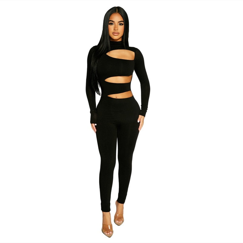 Solid Turtleneck Hollow-Out Long Sleeve Bodycon Skin Tight Jumpsuit