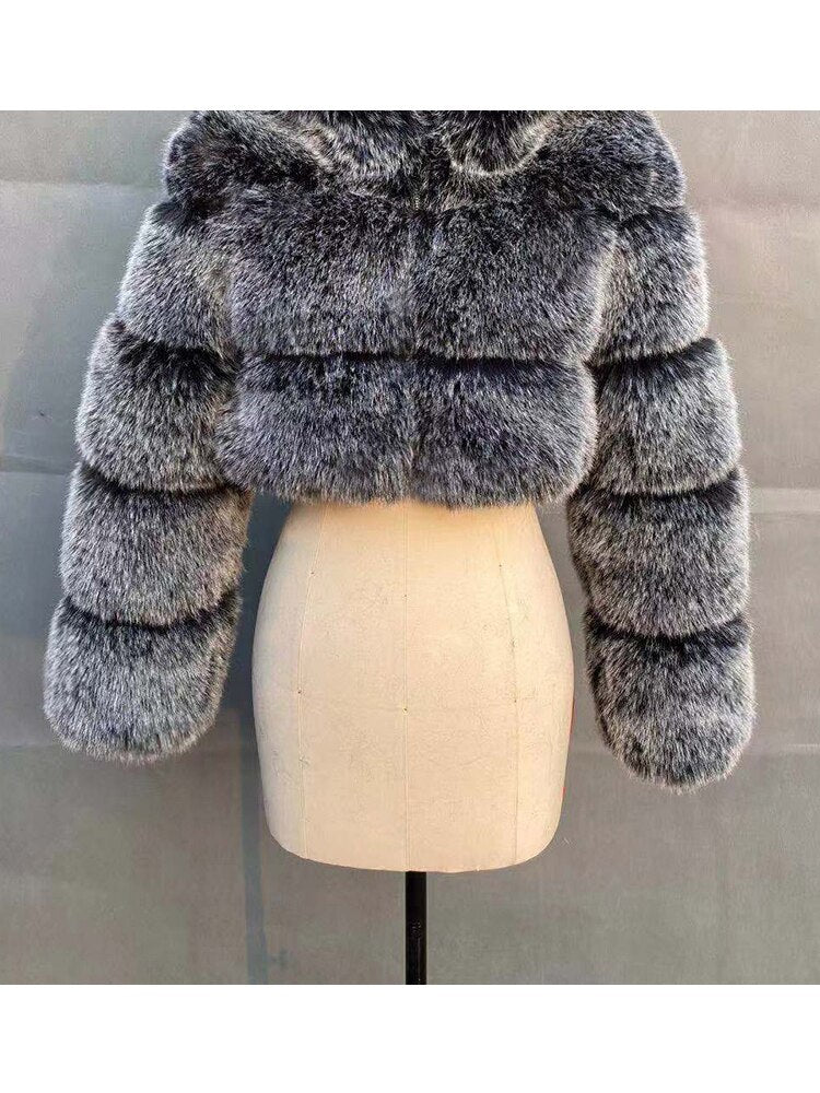 Faux Ladies Cropped Fox Fur Stand Collar Jacket