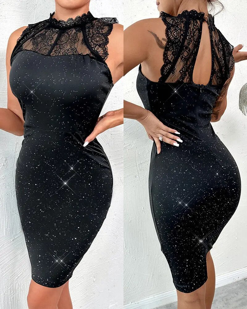 Women's Rhinestone Decor Sleeveless Party Mini Dress