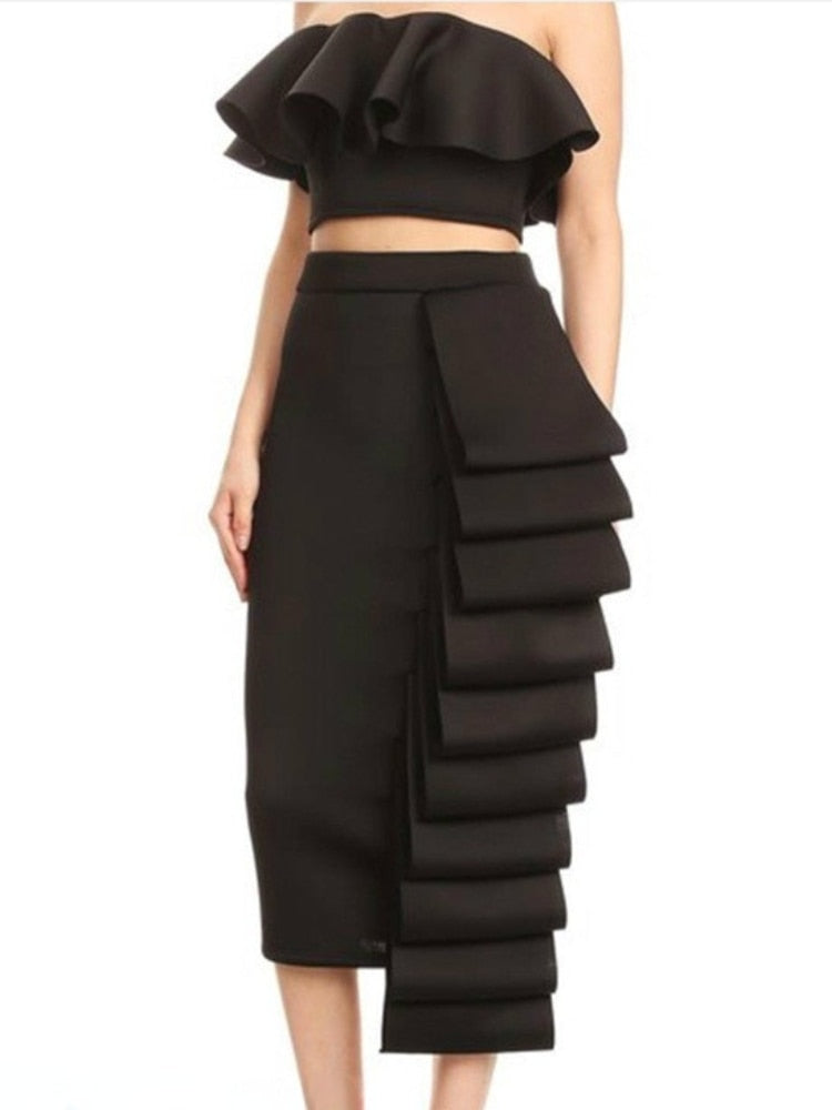 Ruffled Off Shoulder Backless Sleeveless Crop Top + Matching Maxi Skirt