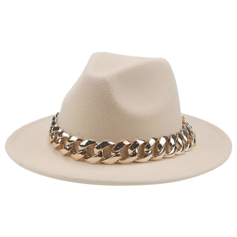 Unisex Gold Chain Design Wide Brim Panama Fedora Hat