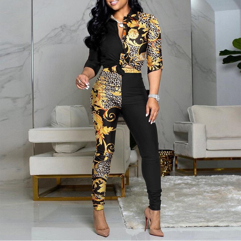 Irregular Printed Colorblock Long Sleeve Lapel Shirt + Pants 2-Piece Set