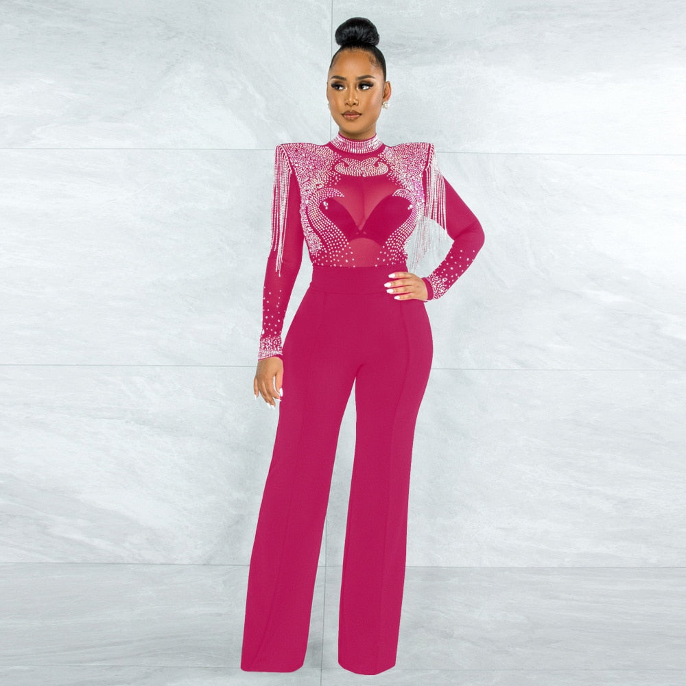 High Collar Hot Drill Mesh Shoulder Long Sleeve Jumpsuits OR Dresses Plus to 2X