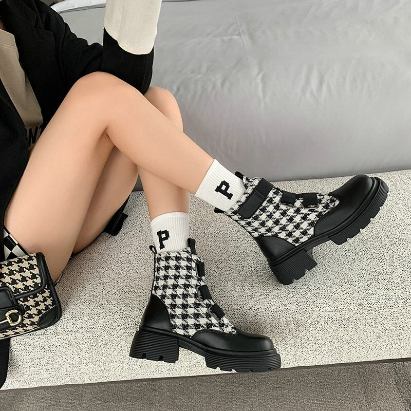 Ladies Genuine Cow Leather Houndstooth Plaid Checked Round Toe Ankle Boots