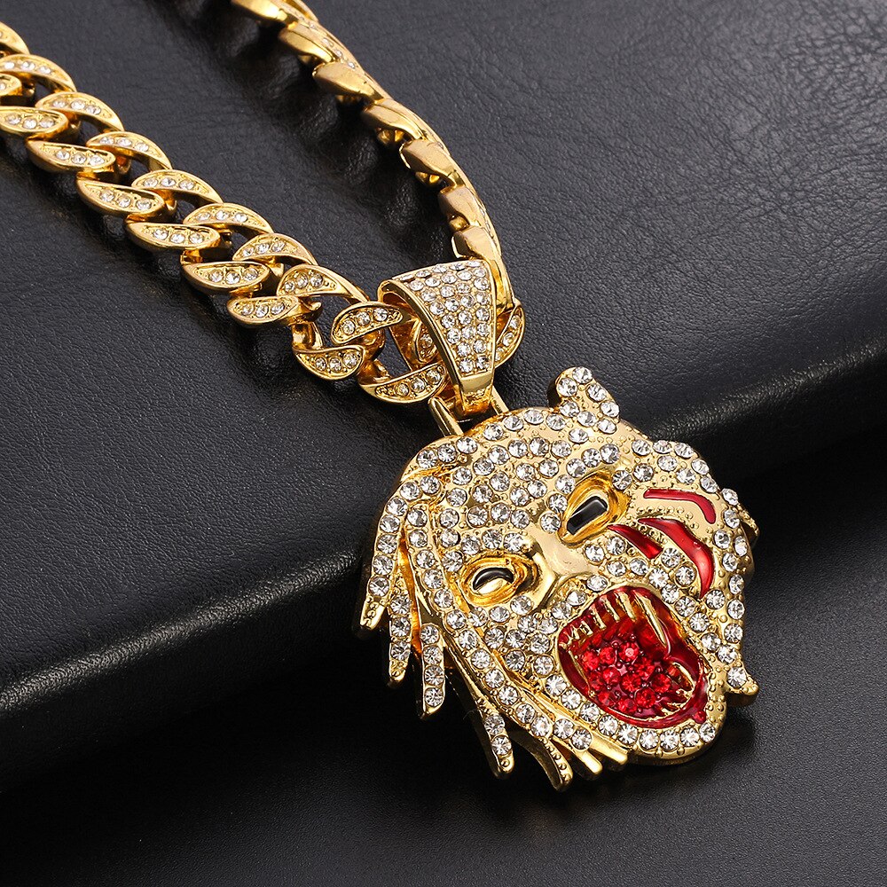 Iced Out Monster Pendant Necklace Miami Gold Cuban Chain Choker Jewelry Mens Gift