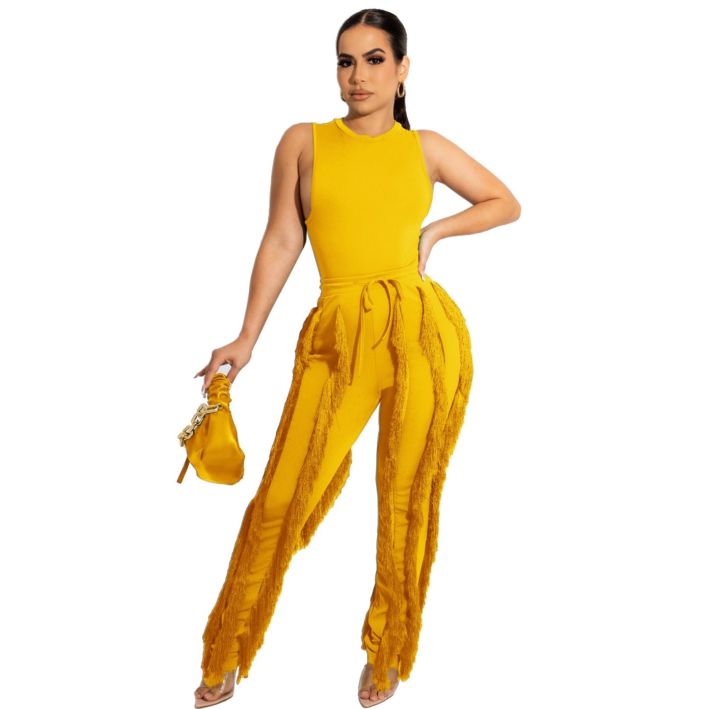 Sleeveless Top & Tassel Side Straight Pants 2-Piece Set