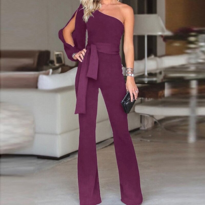 Turtleneck/Asymmetrical Wide Leg Long Sleeve/One Sleeve Jumpsuits