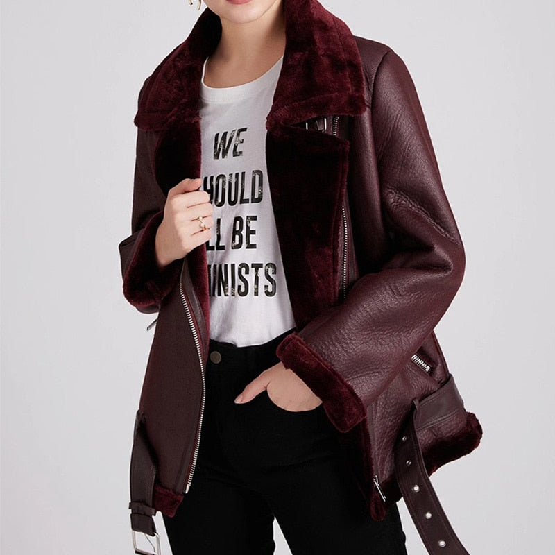 Fur Lined Faux Leather Aviator Jacket