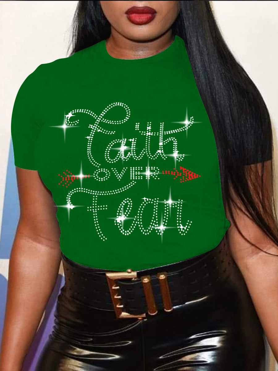 Plus Size Rhinestone Faith Letter O-Neck "Faith Over Fear" T-Shirt