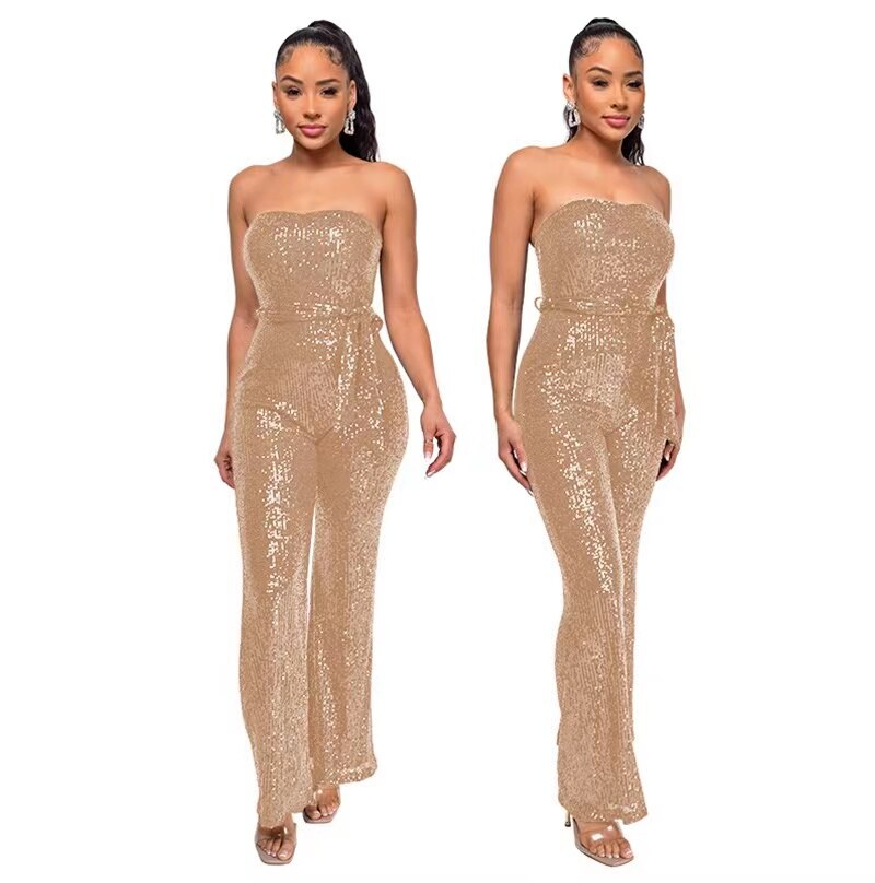 Sleeveless Sequin Shiny Strapless Wide Leg Backless Jumpsuit