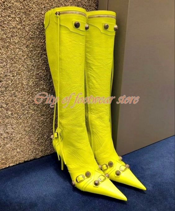 Pointed Toe Buckle Zipper Stiletto Rivets Knee High Boots