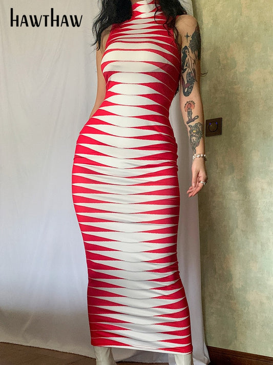 Sleeveless Striped Printed Bodycon Pencil Maxi Dress