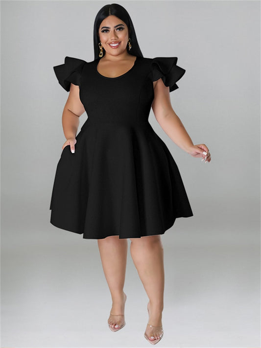 Solid Ruffle Sleeve Big Hem Midi Dress Plus to 5X