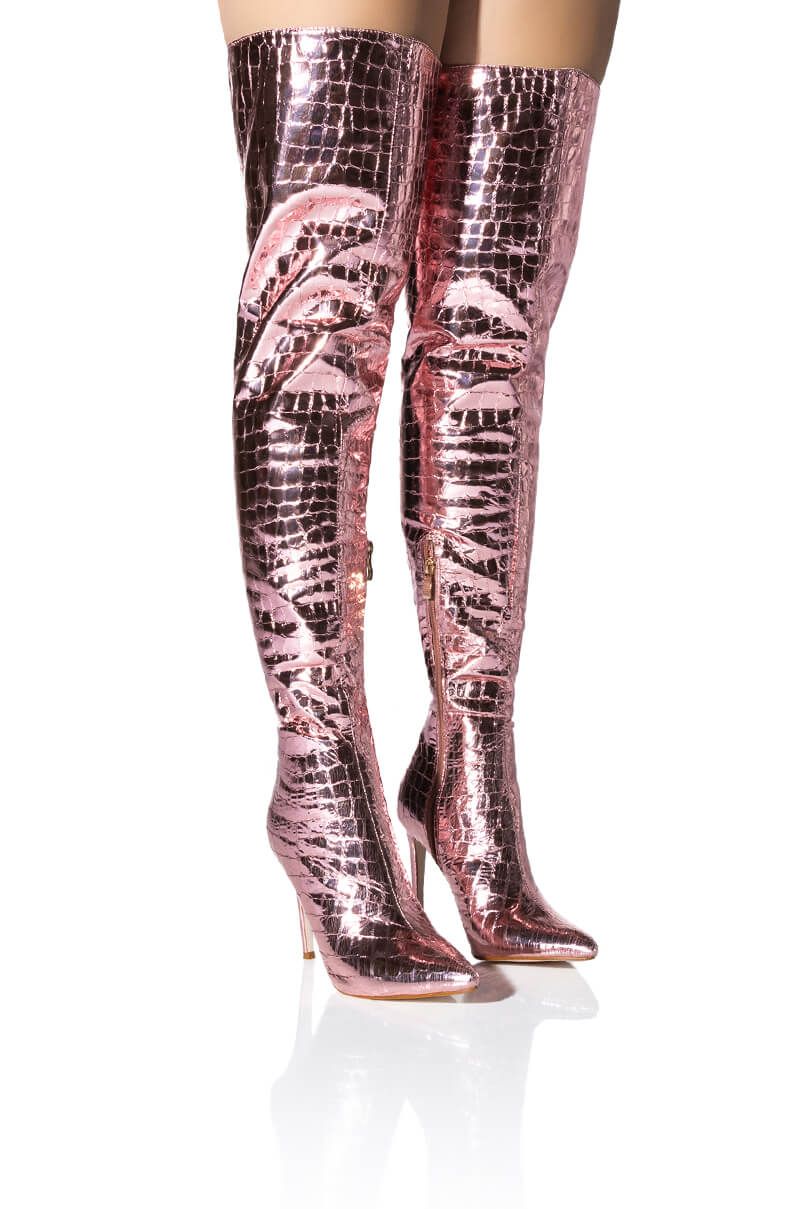 Pointed Toe Stiletto Thigh High Women's Winter Crocodile Pattern Zipper Vegan Over the Knee Boots