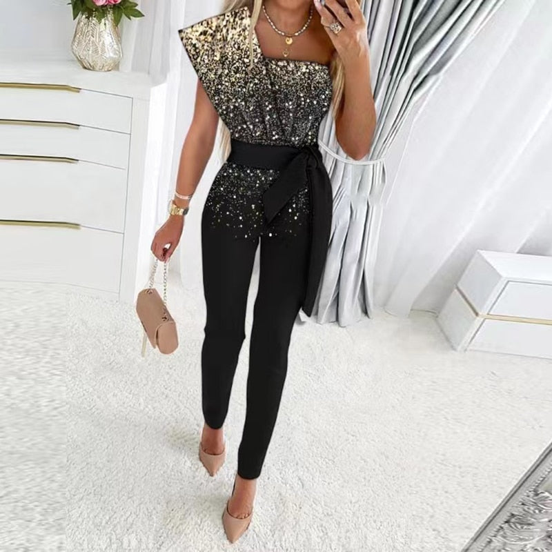 Sequin Patchwork Short Sleeve Slim Bodycon Jumpsuit