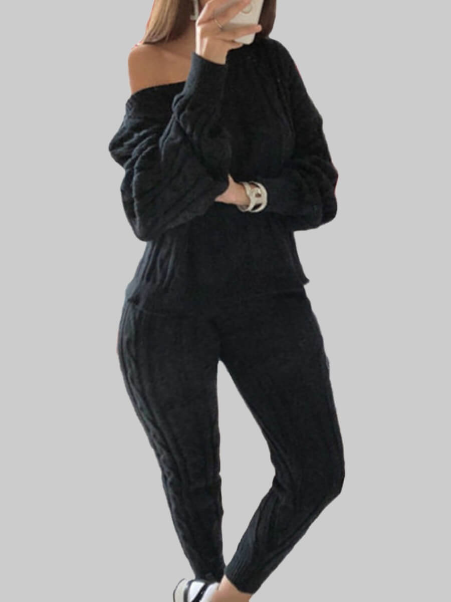 Dropped Shoulder 2-Piece Sweater Set w/ Knitted Pants to 5X