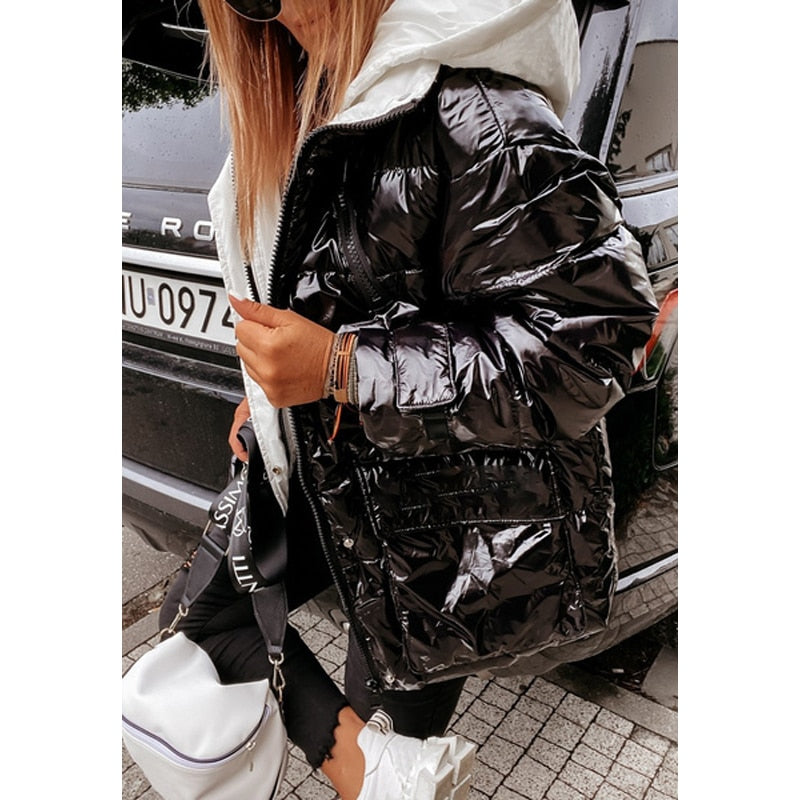 Glossy Metallic Hooded Women's Long Sleeve Zipper Bomber Jacket